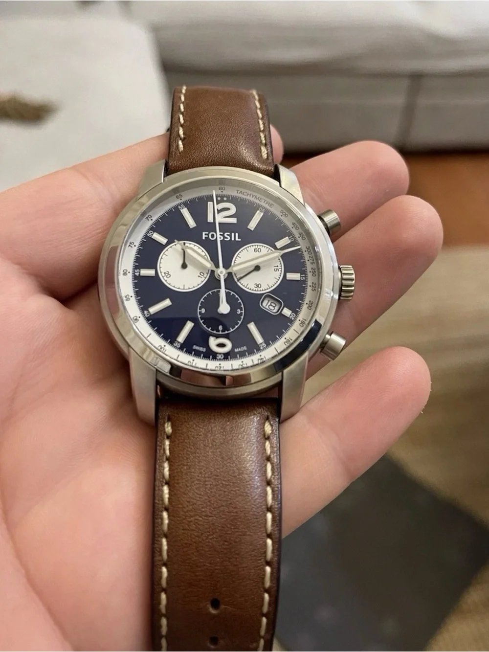 Fossil Swiss Made Chronograph FSW7003 Men's Watch – 45mm Blue Dial